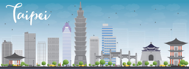 Obraz premium Taipei skyline with grey landmarks and blue sky