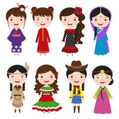 traditional costumes character of the world, dress girls in different national costumes