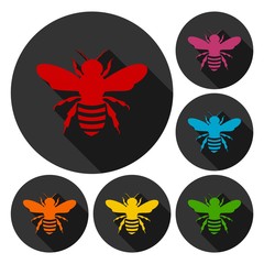 Bee icons set with long shadow