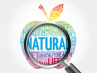 Natural apple word cloud with magnifying glass, health concept