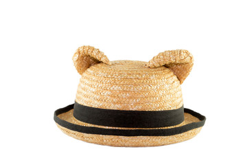 straw hat with ear and ribbon on white background
