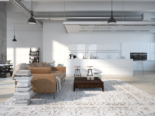 Modern loft with a kitchen .3d rendering
