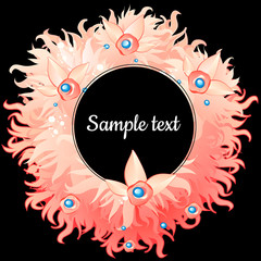 Round frame with pink feathers and text