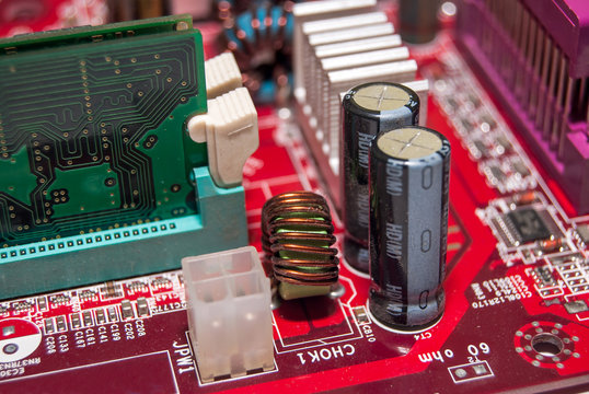 computer motherboard with memory slots, macro