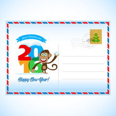 2016 Happy New Year Postcard with monkey. Happy New Year and Merry Christmas 2016 colorful symbol. 2016 design typography vector illustration. Overlapping digits design with shadows. Postcard design.