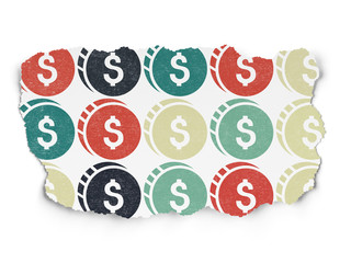 Currency concept: Dollar Coin icons on Torn Paper background