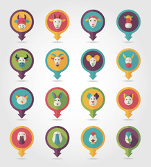 Farm animals mapping pins icons