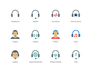 Headphones and headset color icons on white background.