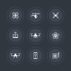 Drones, Quadrocopter, Copters round dark icons, vector illustration, eps10, easy to edit