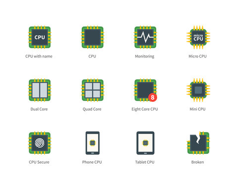 Modern computer processor color icons on white background.