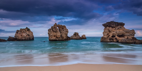 Dramatic panorama the beach of Albufeira. Before the storm. Portugal.