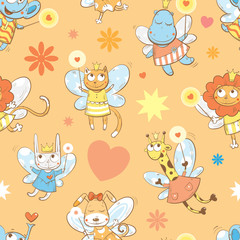 Fototapeta premium Vector seamless pattern with fairies elephants, hippopotamus, giraffes, dogs, cats, rabbit and lions on a orange background.