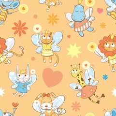 Fototapete Spielzeug Vector nahtloses Muster mit Feenelefanten, Nilpferden, Giraffen, Hunden, Katzen, Kaninchen und Löwen auf einem orangefarbenen Hintergrund.