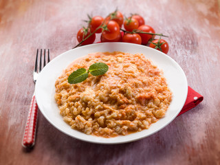 risotto with tomatoes sauce and mozzarella,  selective focus