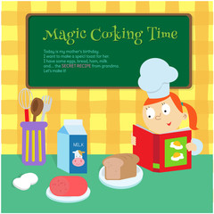 A girl is going to cook while looking at a recipe.