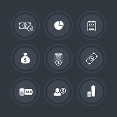 tax, finance, payroll round dark icons, vector illustration