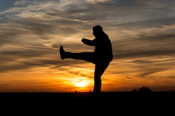 People Silhouette / Man makes kickboxing in the sunset