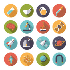 Fototapeta premium Circular science and research icons vector set. Collection of 16 flat design science and research themed vector icons incircles