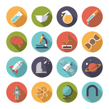Circular science and research icons vector set. Collection of 16 flat design science and research themed vector icons incircles