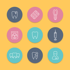 Tooth, dental care, dental pliers, toothcare, stomatology, line round icons, line icons, vector illustration
