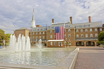 View of Alexandria City Hall, Market Square & it's central fountain, King Street, Old Town Alexandria, Virginia