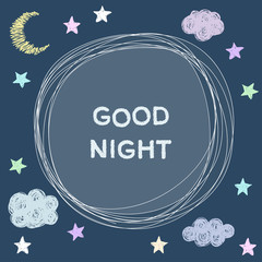 Doodle good night card background template with stars, moon, clouds