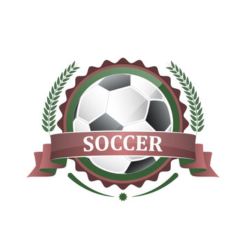 Soccer vector icon, label with ribbon and laurel wreath.