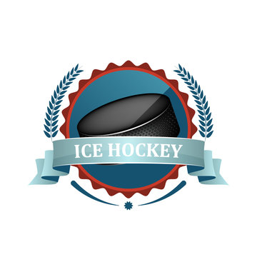 Ice hockey sport vector icon or label with blue ribbon, laurel wreath and puck.