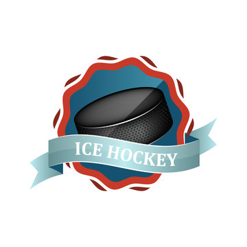 Ice hockey vector icon or label with blue ribbon and hockey puck.