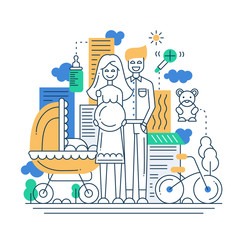 Illustration of modern line flat design city composition and