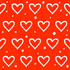 Doodle romantic love seamless pattern background. Hand drawn simple hearts isolated on red