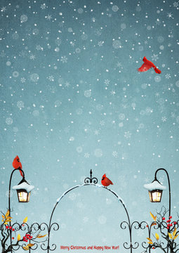Fairy winter background with gates for greeting card or poster