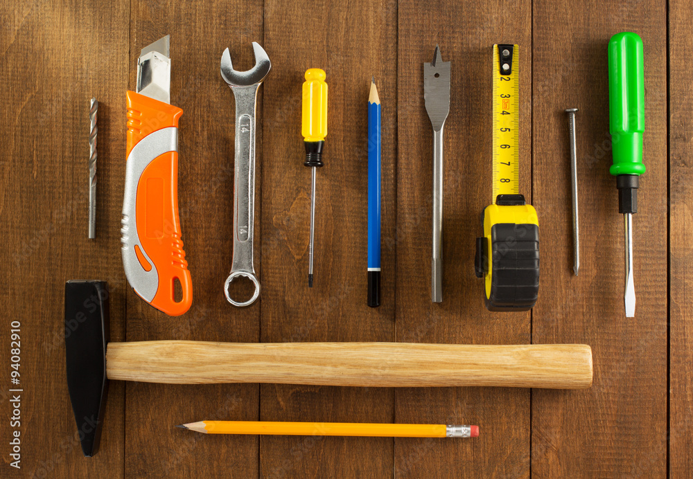 Sticker set of tools and instruments on wood