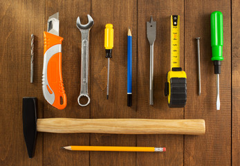 set of tools and instruments on wood