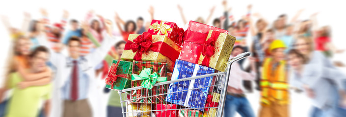 Christmas people crowd with gifts.