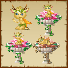 Set of three antique vases with gold elf figure  