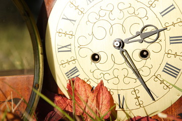 Старинные часы и осеннее листья