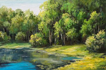 Paysage de peinture à l& 39 huile - lac dans la forêt, jour d& 39 été