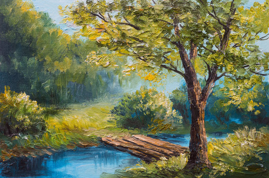 Oil painting landscape - colorful summer forest, beautiful river