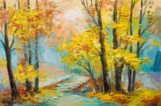 Oil painting landscape - colorful autumn forest