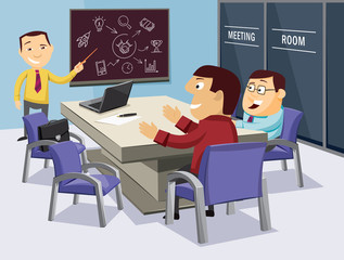 Interior of meeting room. Manager explaining business strategy. Company staff training. Business infographics management template with icon. Vector cartoon simple illustration.