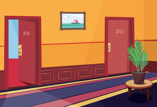 Interior luxury hotel hallway. New Year background 2016. Simple cartoon vector illustration.