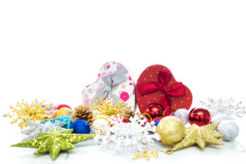 Gift boxes and christmas balls,Isolated on white.