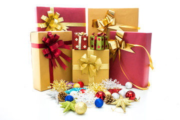 Gift boxes and christmas balls,Isolated on white.