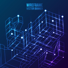Wireframe Mesh Cubes. Connected dots and lines.