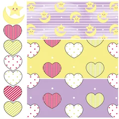 Muurstickers Moon and Stars Pattern ,Hearts on yellow background Pattern and Hearts on Purple Background Pattern © snowshade