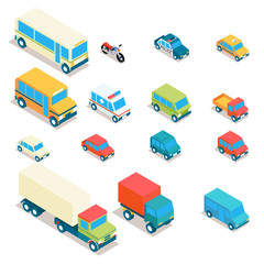 Isometric city transport and trucks vector icons. Cars, minibus