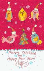 Christmas card with a happy singing birds.