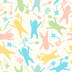 Baby seamless pattern. Illustration of a child in the movement holds various items.