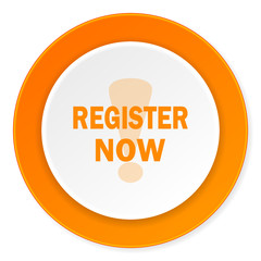register now orange circle 3d modern design flat icon on white background